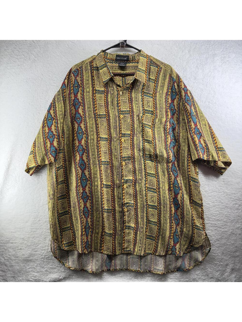 Silk Club 100% Silk Button Up Hawaiian Shirt Mens 2X Short Sleeve Geometric - Picture 2 of 4